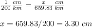 \frac{1}{200}\frac{cm}{km}=\frac{x}{659.83}\frac{cm}{km}\\ \\x=659.83/200=3.30\ cm