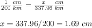 \frac{1}{200}\frac{cm}{km}=\frac{x}{337.96}\frac{cm}{km}\\ \\x=337.96/200=1.69\ cm