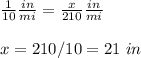 \frac{1}{10}\frac{in}{mi}=\frac{x}{210}\frac{in}{mi}\\ \\x=210/10=21\ in