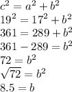 {c}^{2}  =  {a}^{2}  +  {b}^{2}  \\  {19}^{2}  =  {17}^{2}  +  {b}^{2}  \\ 361 = 289 +  {b}^{2}  \\ 361 - 289 =  {b}^{2}  \\ 72 =  {b}^{2}  \\  \sqrt{72}  =  {b}^{2}  \\ 8.5 =  b