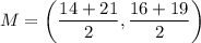 M=\left(\dfrac{14+21}{2},\dfrac{16+19}{2}\right)