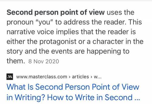 Please 

Second-person point of view features
A.)the narrator speaking directly to the reader.
B.)th