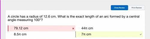 A circle has a radius of 12.6 cm. What is the exact length of an arc formed by a central angle measu