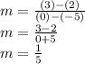 m = \frac{(3)-(2)}{(0)-(-5)} \\m = \frac{3-2}{0+5}\\m = \frac{1}{5}