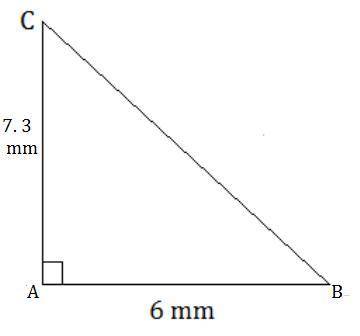A, B & C form a triangle where ∠ BAC = 90°. AB = 6 mm and CA = 7.3 mm. Find the length of BC, gi