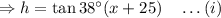 \Rightarrow h=\tan 38^{\circ}(x+25)\quad \ldots(i)