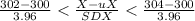 \frac{302 - 300}{3.96} < \frac{X - uX}{SDX} < \frac{304 - 300}{3.96}