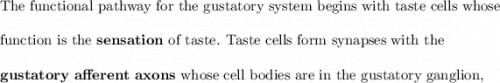 \text{The functional pathway for the gustatory system begins with taste cells whose}  \\ \\ \text{function is the} \  \mathbf{sensation} \  \text{of taste.  Taste cells form synapses with the}  \\ \\ \mathbf{gustatory  \ afferent \  axons}  \ \text{whose   cell bodies are in the gustatory ganglion, }