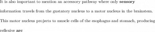\text{It is also important to mention an accessory pathway where only}  \ \mathbf{sensory }  \\ \\ \text{information travels from the gustatory nucleus to a motor nucleus in the brainstem.} \\  \\  \text{This motor nucleus projects to muscle cells of the esophagus and stomach, producing} \\ \\  \text{reflexive }\mathbf{arc}