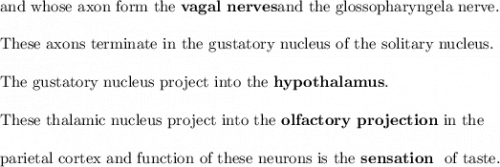 \text{and whose axon form the} \  \mathbf{vagal \  nerves}   \text{and the glossopharyngela nerve.}  \\ \\ \text{These axons terminate in the gustatory nucleus of the solitary nucleus.}  \\ \\ \text{The gustatory nucleus project into the}  \ \mathbf{ hypothalamus.} \\ \\ \text{These thalamic nucleus project into the} \ \mathbf{olfactory \ projection} \  \text{in the } \\ \\ \text{parietal cortex and function  of these neurons is the} \ \mathbf{ sensation} \ \text{ of taste. } \\ \\