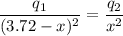 \displaystyle \frac{q_1}{(3.72 - x)^{2}} = \frac{q_2}{x^{2}}