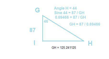 In ΔGHI, the measure of ∠I=90°, the measure of ∠G=46°, and IG = 87 feet. Find the length of GH to th