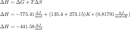 \Delta H=\Delta G+T\Delta S\\\\\Delta H=-775.41\frac{kJ}{mol}+(135.4+273.15)K*(0.81791\frac{kJ}{mol*K} )\\\\\Delta H=-441.58\frac{kJ}{mol}