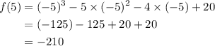 \begin{aligned}f(5) &= (-5)^3 - 5\times (-5)^2 - 4 \times (-5) + 20 \\ &= (-125) - 125 + 20 + 20 \\ &= -210\end{aligned}