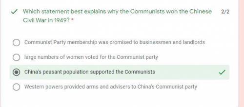 14. Which statement best explains why the Communists won the Chinese

civil war in 1949?
(1) Communi