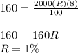 160=\frac{2000(R)(8)}{100} \\\\160=160R\\R=1\%