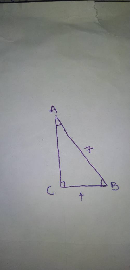 Triangle ABC has a right angle at C. Next, side AB=7m and side CB=4m. Using inverse trigonometric fu