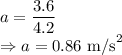 a=\dfrac{3.6}{4.2}\\\Rightarrow a=0.86\ \text{m/s}^2