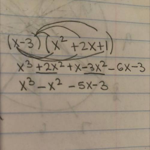 Multiply the polynomials. (x-3)(x^2+2x+1)