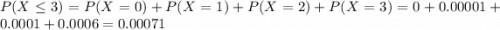P(X \leq 3) = P(X = 0) + P(X = 1) + P(X = 2) + P(X = 3) = 0 + 0.00001 + 0.0001 + 0.0006 = 0.00071