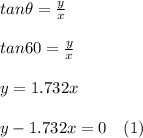 tan\theta=\frac{y}{x} \\\\tan60=\frac{y}{x} \\\\y=1.732x\\\\y-1.732x=0\ \ \ (1)