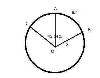 Consider circle O below. The length of arc BA is 8.4 cm and the length of the radius is 8 cm. The me