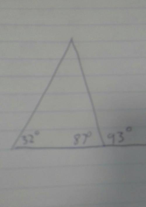 20 pointsss :)

Brian draws a triangle with interior angles of
32° and 87°, and one exterior angle o