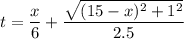 t = \dfrac{x}{6} +\dfrac{\sqrt{(15-x)^2+1^2}}{2.5}