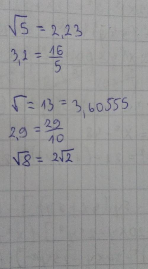 Place the numbers below in order from least to greatest.
√5, 3.2, √13, 2.9, √8