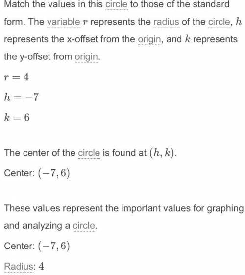 Determine the center and radius of the following circle equation:

x2 + y2 + 14x – 12y + 69 = 0
Cent