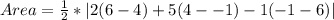 Area = \frac{1}{2} * |2(6 - 4) + 5(4 - -1) -1(-1 -6)|