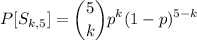 $P[S_{k,5}]=\binom{5}{k}p^k(1-p)^{5-k}$