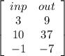 \left[\begin{array}{ccc}inp&out\\3&9\\10&37\\-1&-7\end{array}\right]