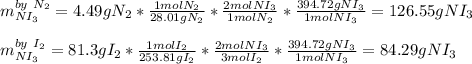 m_{NI_3}^{by\ N_2}=4.49gN_2*\frac{1molN_2}{28.01gN_2} *\frac{2molNI_3}{1molN_2}*\frac{394.72gNI_3}{1molNI_3}  =126.55gNI_3\\\\m_{NI_3}^{by\ I_2}=81.3gI_2*\frac{1molI_2}{253.81gI_2} *\frac{2molNI_3}{3molI_2}*\frac{394.72gNI_3}{1molNI_3}  =84.29gNI_3