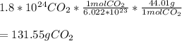 1.8*10^2^4CO_2*\frac{1molCO_2}{6.022*10^2^3} *\frac{44.01g}{1molCO_2} \\\\ =131.55gCO_2