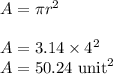 A=\pi r^2\\\\A=3.14\times 4^2\\A=50.24\ \text{unit}^2