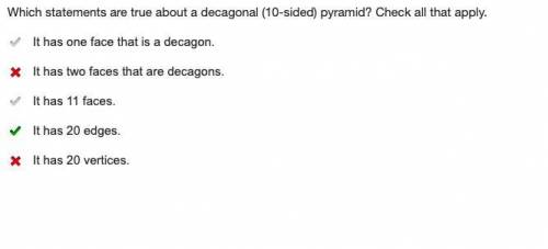 Which statements are true about a decagonal (10-sided) pyramid? Check all that apply.

It has one fa
