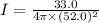 I = \frac{33.0}{4\pi \times (52.0)^{2} }