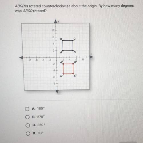 Abcd is rotated counterclockwise about the origin.By how many degrees was abcd rotated?