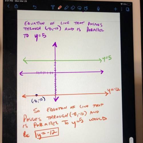 Determine the equation of the line that passes through

(-8, -12) and is parallel to the line y = 5