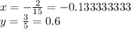 x=-\frac{2}{15}=-0.133333333\\y = \frac{3}{5}= 0.6