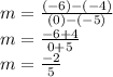 m = \frac{(-6)-(-4)}{(0)-(-5)} \\m = \frac{-6+4}{0+5} \\m = \frac{-2}{5} \\