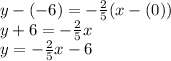 y-(-6) = -\frac{2}{5} (x-(0))\\y + 6 = -\frac{2}{5} x\\y = -\frac{2}{5} x-6