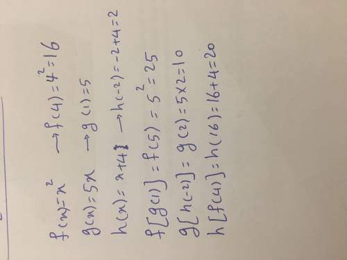 If f(x) = , g(x) = 5x, and h(x) = x + 4, find each value. h[f(4)], g[h(–2)], f[g(1)]. pls write the