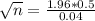 \sqrt{n} = \frac{1.96*0.5}{0.04}