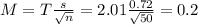 M = T\frac{s}{\sqrt{n}} = 2.01\frac{0.72}{\sqrt{50}} = 0.2