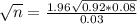 \sqrt{n} = \frac{1.96\sqrt{0.92*0.08}}{0.03}