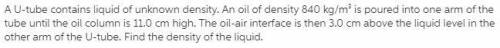 a u tube contains a liquid of an unknown density an oil of density is poured into the right arm of t