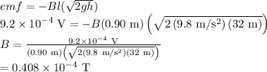 e m f &=-B l(\sqrt{2 g h}) \\&#10;9.2 \times 10^{-4} \mathrm{~V} &=-B(0.90 \mathrm{~m})\left(\sqrt{2\left(9.8 \mathrm{~m} / \mathrm{s}^{2}\right)(32 \mathrm{~m})}\right) \\&#10;B &=\frac{9.2 \times 10^{-4} \mathrm{~V}}{(0.90 \mathrm{~m})\left(\sqrt{2\left(9.8 \mathrm{~m} / \mathrm{s}^{2}\right)(32 \mathrm{~m})}\right)} \\&#10;&=0.408 \times 10^{-4} \mathrm{~T}