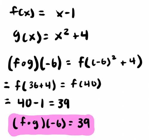 Let f(x)=x-1 and g(x) = x2 + 4.
Find (fog)(-6).
Then (fog)(-6)= (Simplify your answer.)